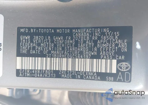 2016 Toyota Corolla Le из США, поврежденный, VIN 2T1BURHE0GC564197